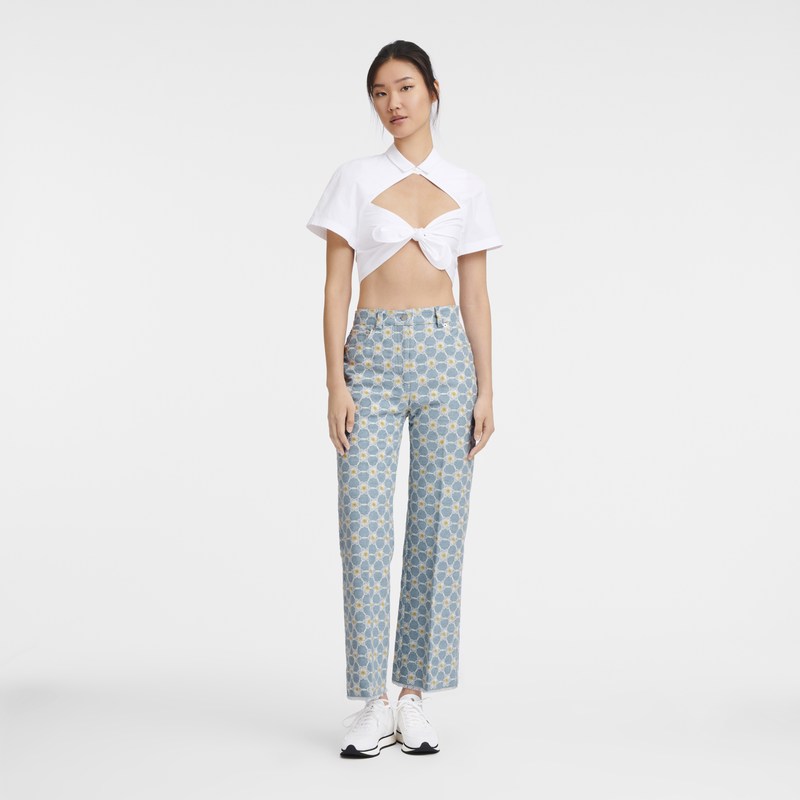 Longchamp Embroidered Denim Trousers Mavi | 721-CGISBM