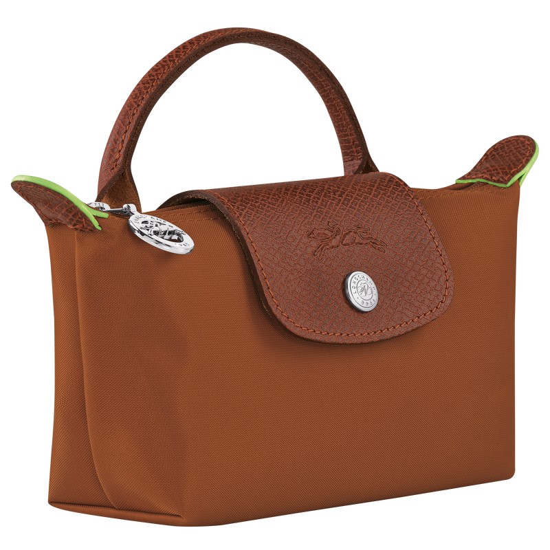 Longchamp Le Pliage Green Pouch With Handle Cognac | 17504-FHTB